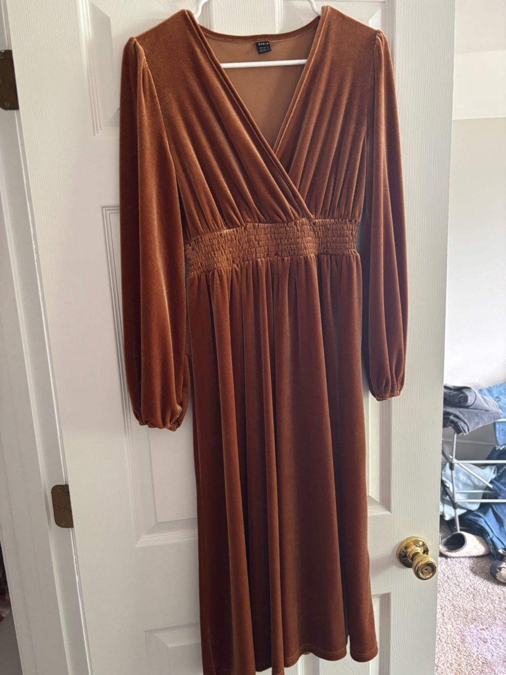 SHEIN Rust Velvet Midi Dress with Smocked Waist